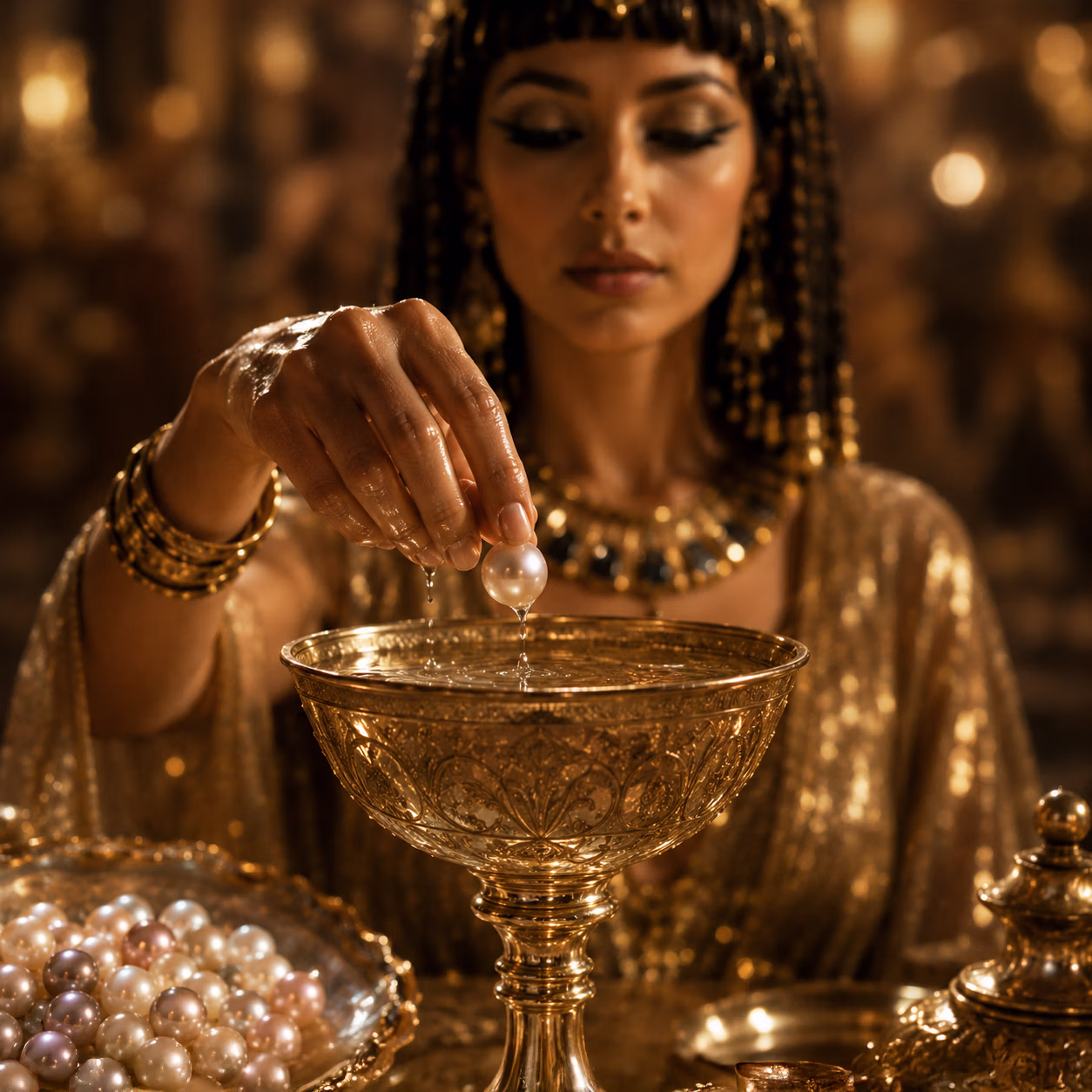 Illustration of Cleopatra dropping a pearl into a goblet of vinegar